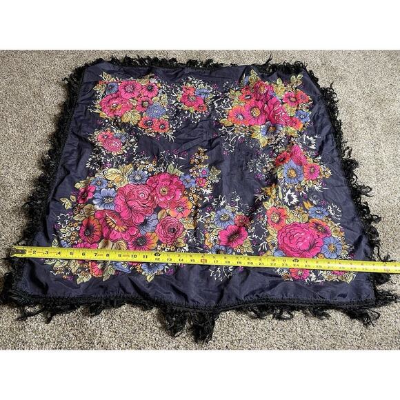 Vintage Bright Floral Neon Scarf Fringe Navy Blue Ukrainian Russian - Picture 6 of 6